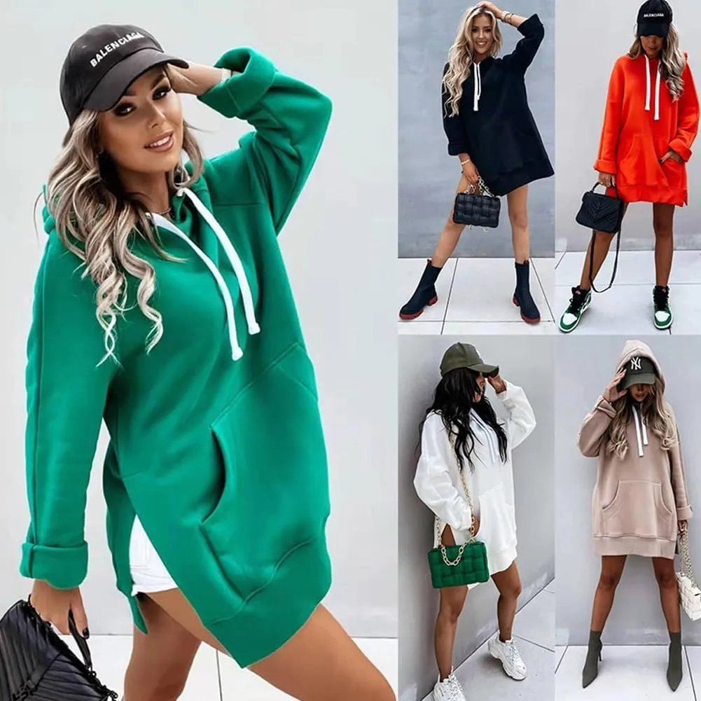 The Warmy Oversized Hoodie Dress Women, Split Hem Sweatshirt, First Ones Women's Long Sleeve Pullover with Pockets