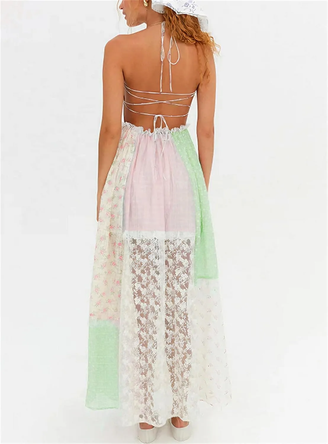 Thopavenoir Women Floral Lace Layered Maxi Dress Y2k Girls Sexy Going Out Dress Strappy Backless Summer Long Beach Sundress