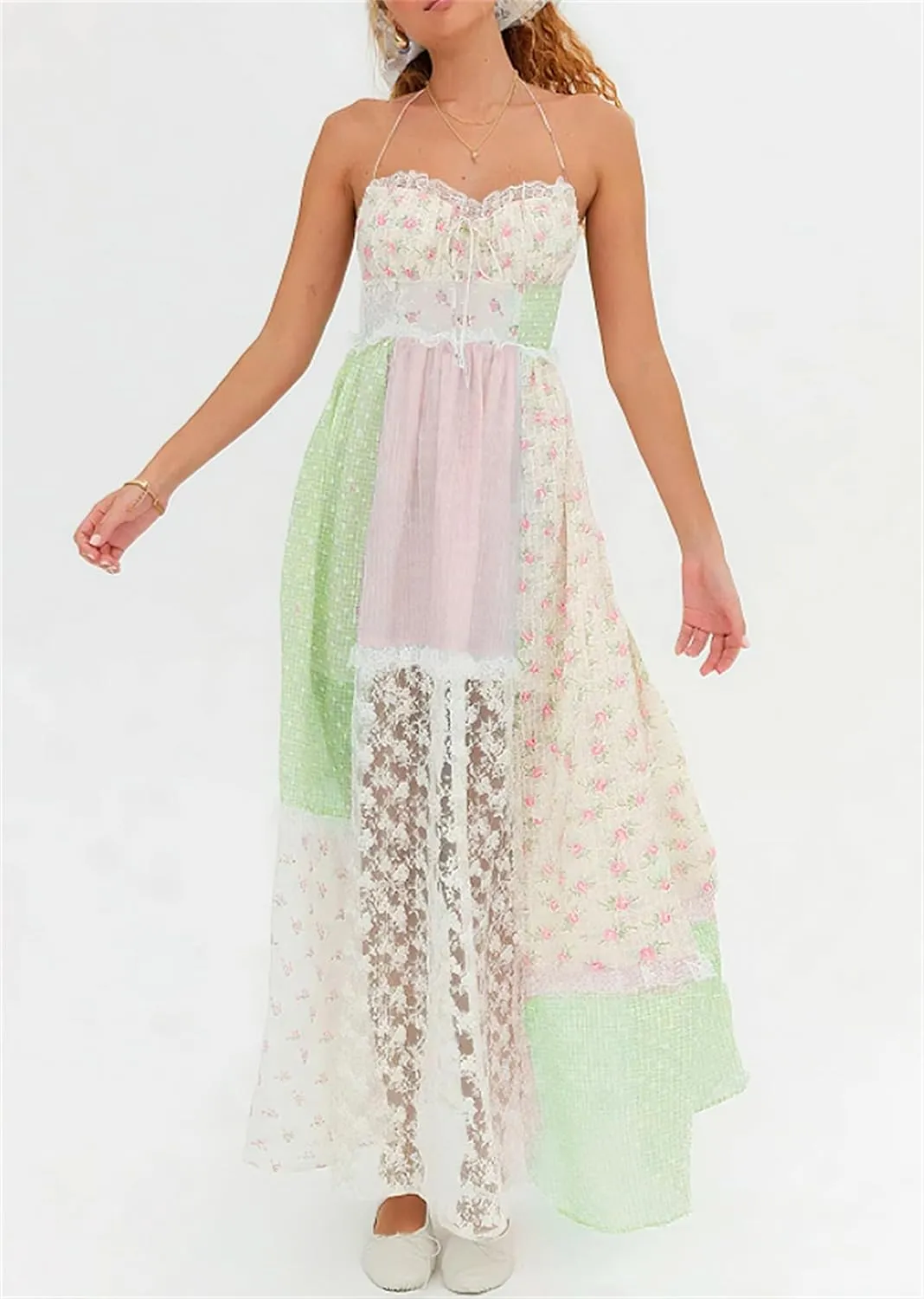 Thopavenoir Women Floral Lace Layered Maxi Dress Y2k Girls Sexy Going Out Dress Strappy Backless Summer Long Beach Sundress