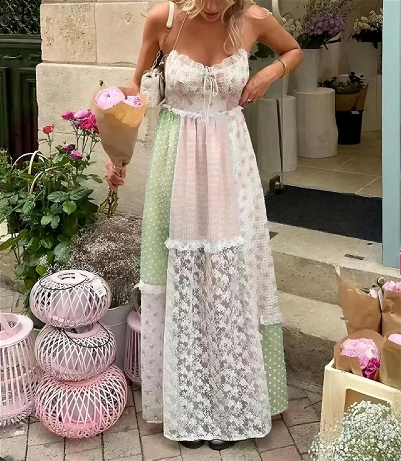 Thopavenoir Women Floral Lace Layered Maxi Dress Y2k Girls Sexy Going Out Dress Strappy Backless Summer Long Beach Sundress