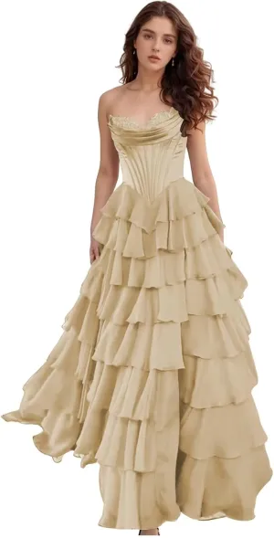 Tiered Corset Prom Dresses 2025 Womens Long Ruffle Chiffon Strapless Formal Evening Party Gown with Slit