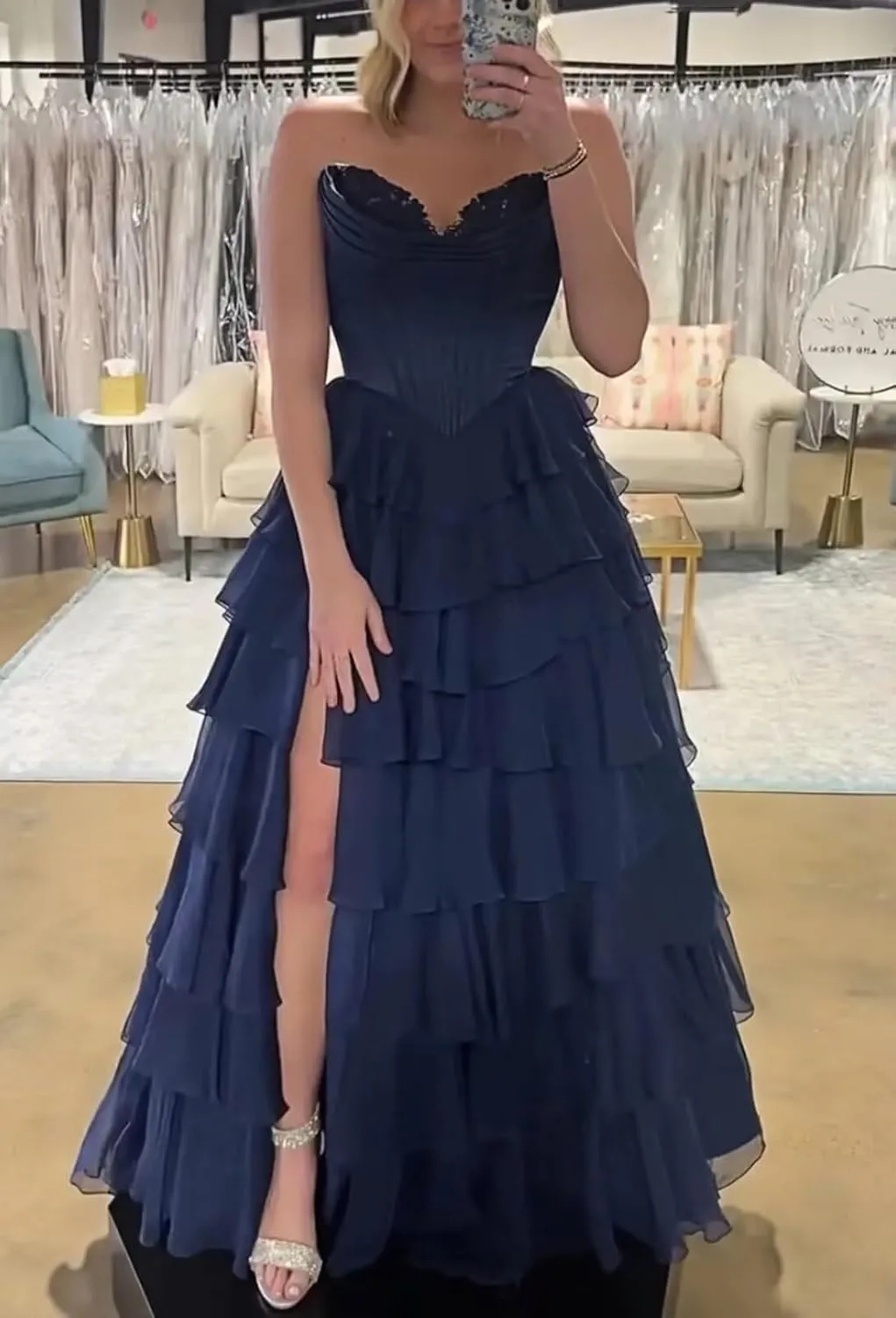 Tiered Corset Prom Dresses 2025 Womens Long Ruffle Chiffon Strapless Formal Evening Party Gown with Slit