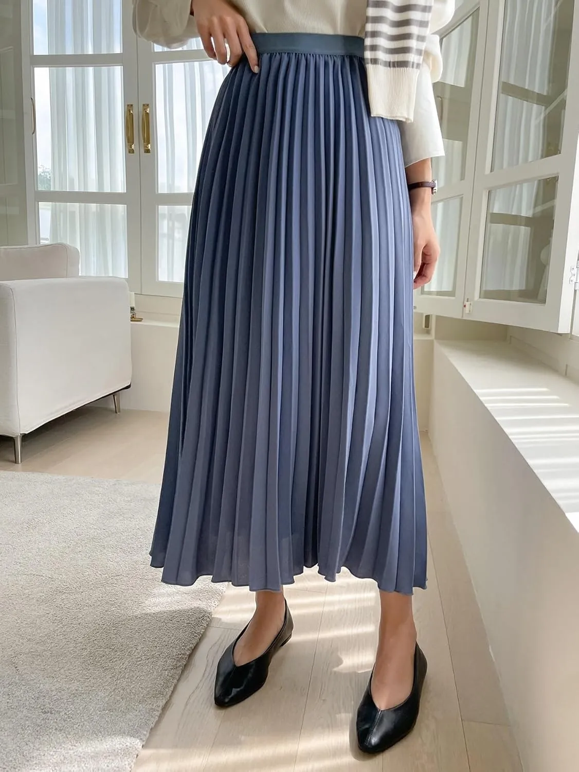 TIMEKE 2023 Women's Summer Long Skirt High Waist Solid Pleated Skirt Elegant Casual Midi Skirt
