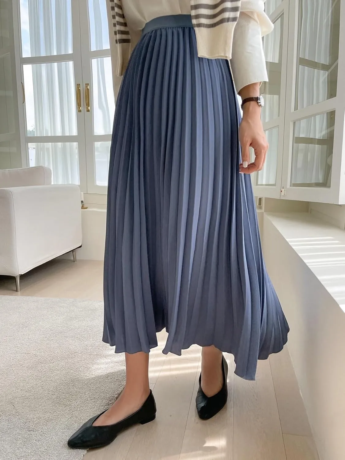TIMEKE 2023 Women's Summer Long Skirt High Waist Solid Pleated Skirt Elegant Casual Midi Skirt