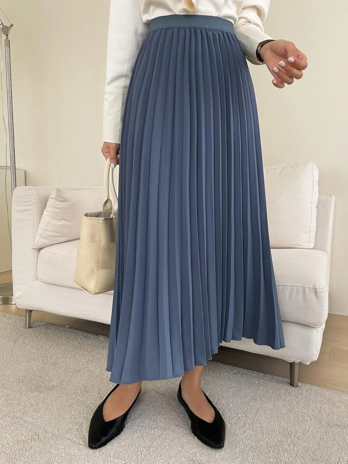 TIMEKE 2023 Women's Summer Long Skirt High Waist Solid Pleated Skirt Elegant Casual Midi Skirt