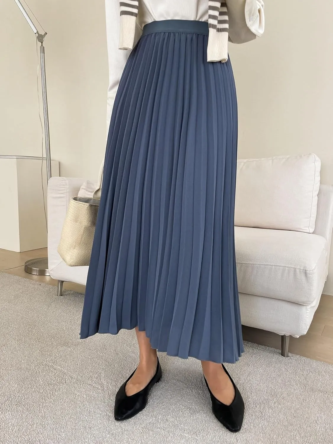 TIMEKE 2023 Women's Summer Long Skirt High Waist Solid Pleated Skirt Elegant Casual Midi Skirt