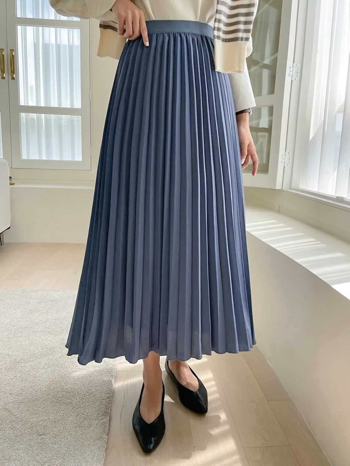TIMEKE 2023 Women's Summer Long Skirt High Waist Solid Pleated Skirt Elegant Casual Midi Skirt
