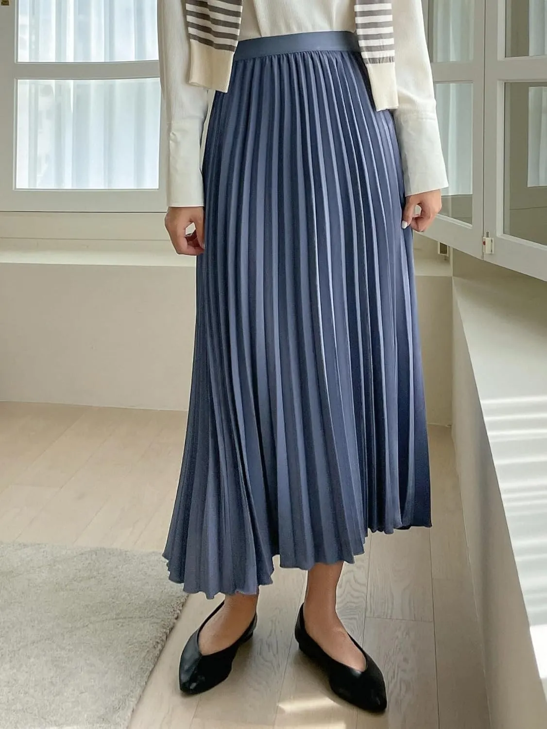 TIMEKE 2023 Women's Summer Long Skirt High Waist Solid Pleated Skirt Elegant Casual Midi Skirt