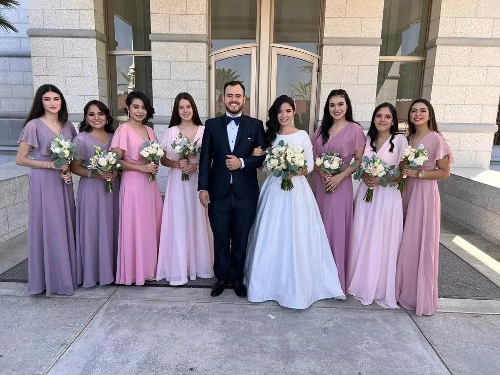 TIRAS Long Bridesmaid Dresses with Slit Short Sleeve V Neck Ruffled Split Long Formal Evening Dress with Pockets CM176