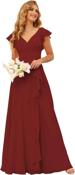 TIRAS Long Bridesmaid Dresses with Slit Short Sleeve V Neck Ruffled Split Long Formal Evening Dress with Pockets CM176