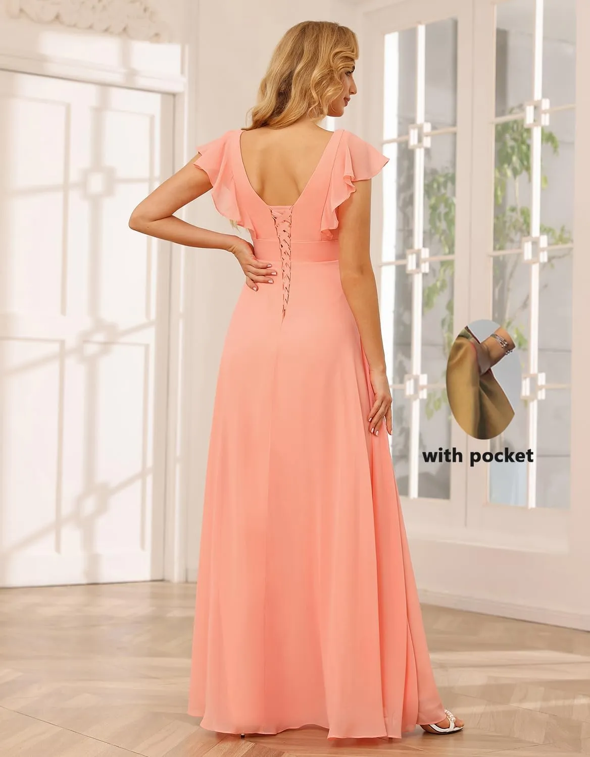 TIRAS Long Bridesmaid Dresses with Slit Short Sleeve V Neck Ruffled Split Long Formal Evening Dress with Pockets CM176