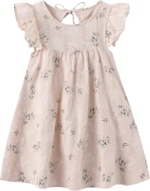Toddler Girls Ruffle Sleeve Cotton Linen Dress Sleeveless Baby Girl Back Tie Dress Kid Casual Sundress