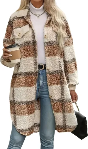 Trench Coat Women Long Flannel Plaid Jacket Shacket Cozy Lapel Button Down Shirt Jackets Fuzzy Peacoat with Pockets