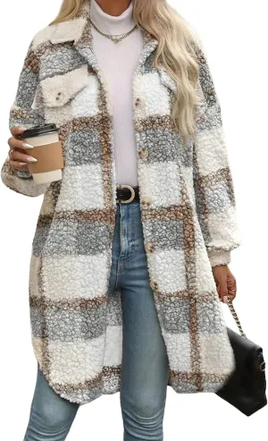 Trench Coat Women Long Flannel Plaid Jacket Shacket Cozy Lapel Button Down Shirt Jackets Fuzzy Peacoat with Pockets