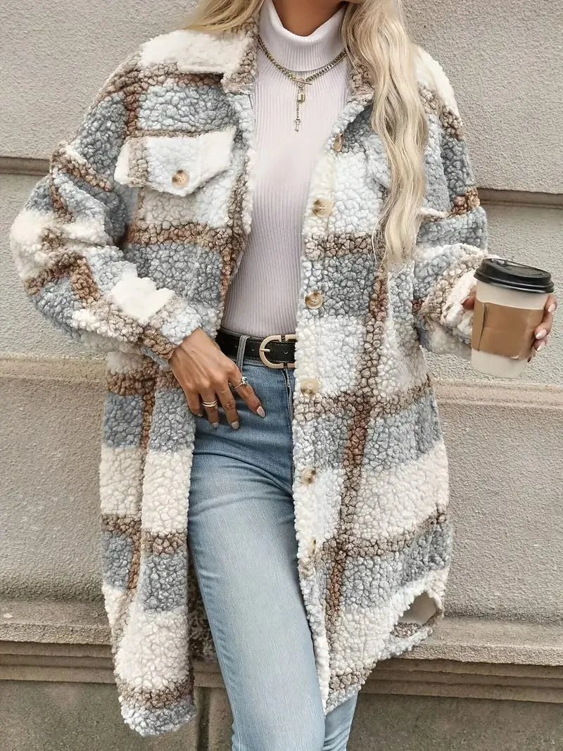 Trench Coat Women Long Flannel Plaid Jacket Shacket Cozy Lapel Button Down Shirt Jackets Fuzzy Peacoat with Pockets