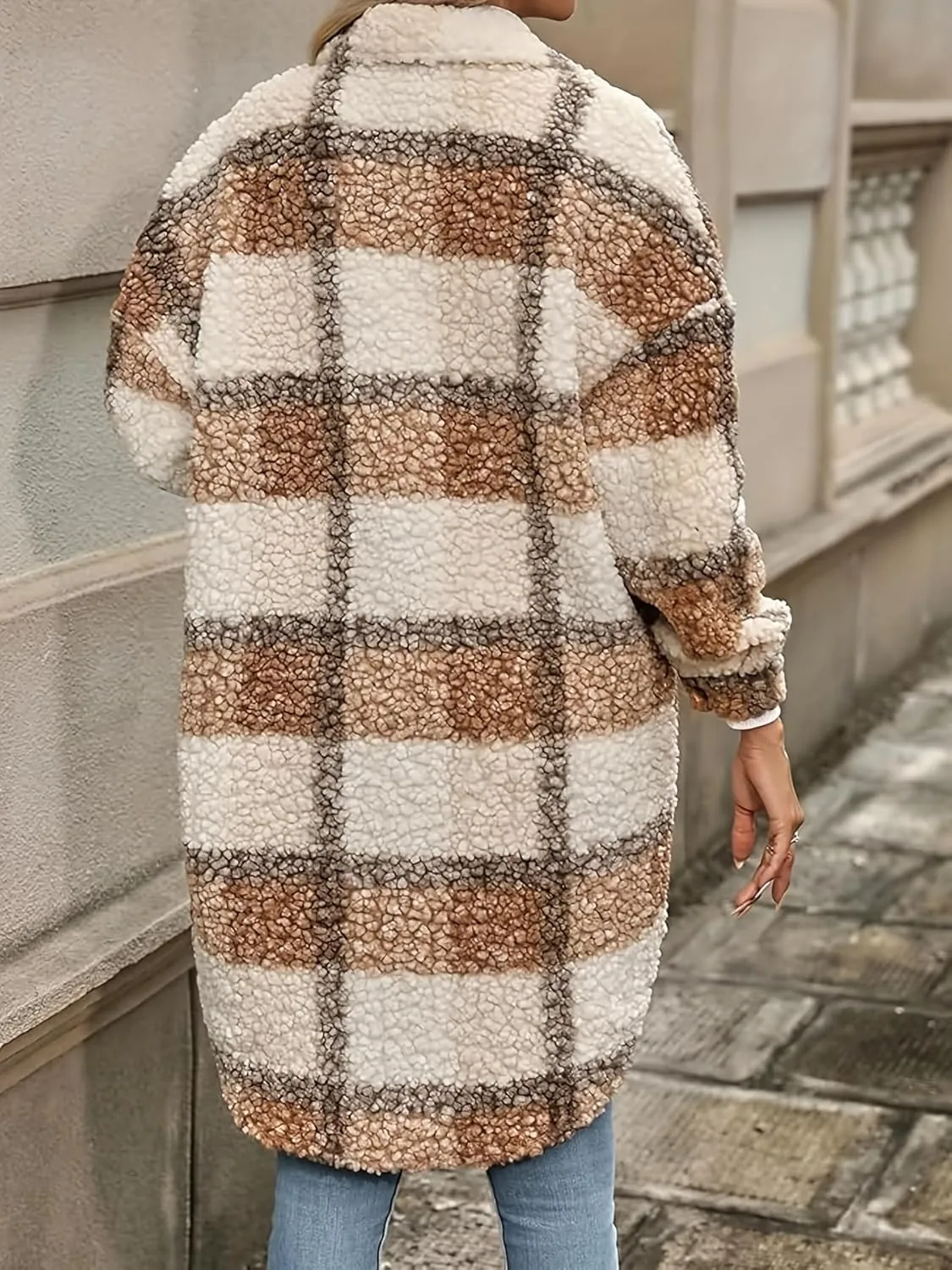 Trench Coat Women Long Flannel Plaid Jacket Shacket Cozy Lapel Button Down Shirt Jackets Fuzzy Peacoat with Pockets