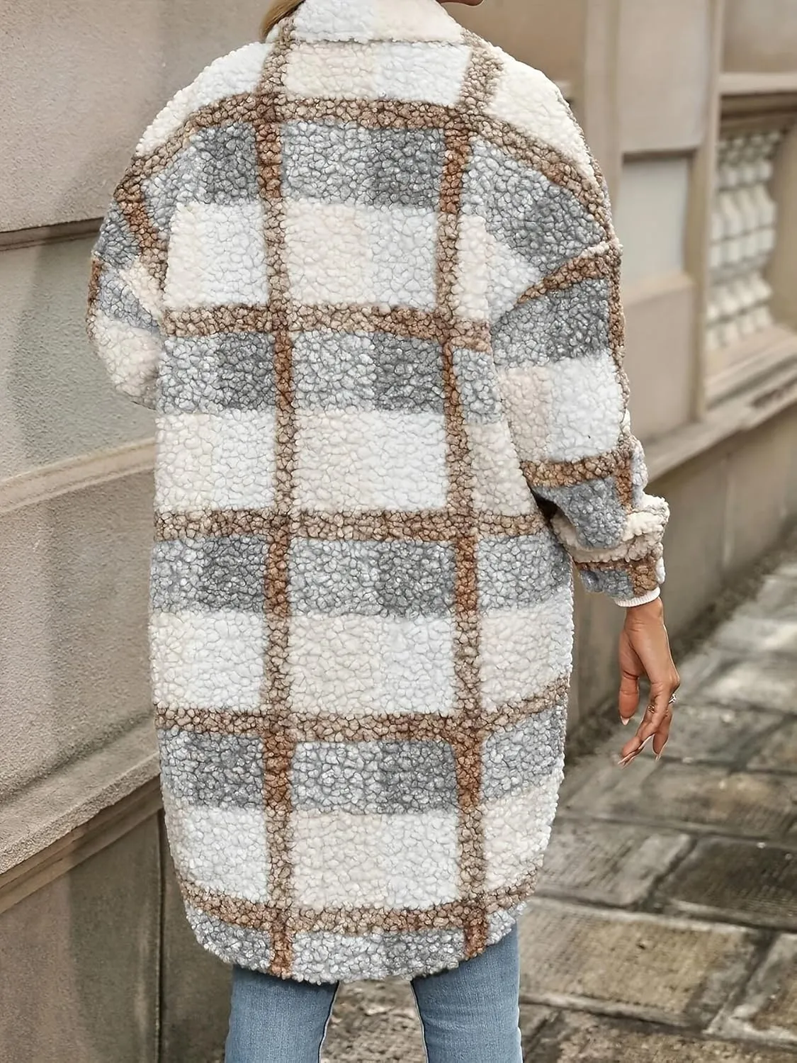 Trench Coat Women Long Flannel Plaid Jacket Shacket Cozy Lapel Button Down Shirt Jackets Fuzzy Peacoat with Pockets