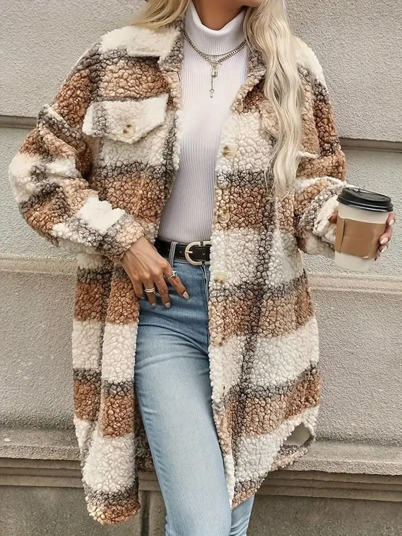 Trench Coat Women Long Flannel Plaid Jacket Shacket Cozy Lapel Button Down Shirt Jackets Fuzzy Peacoat with Pockets