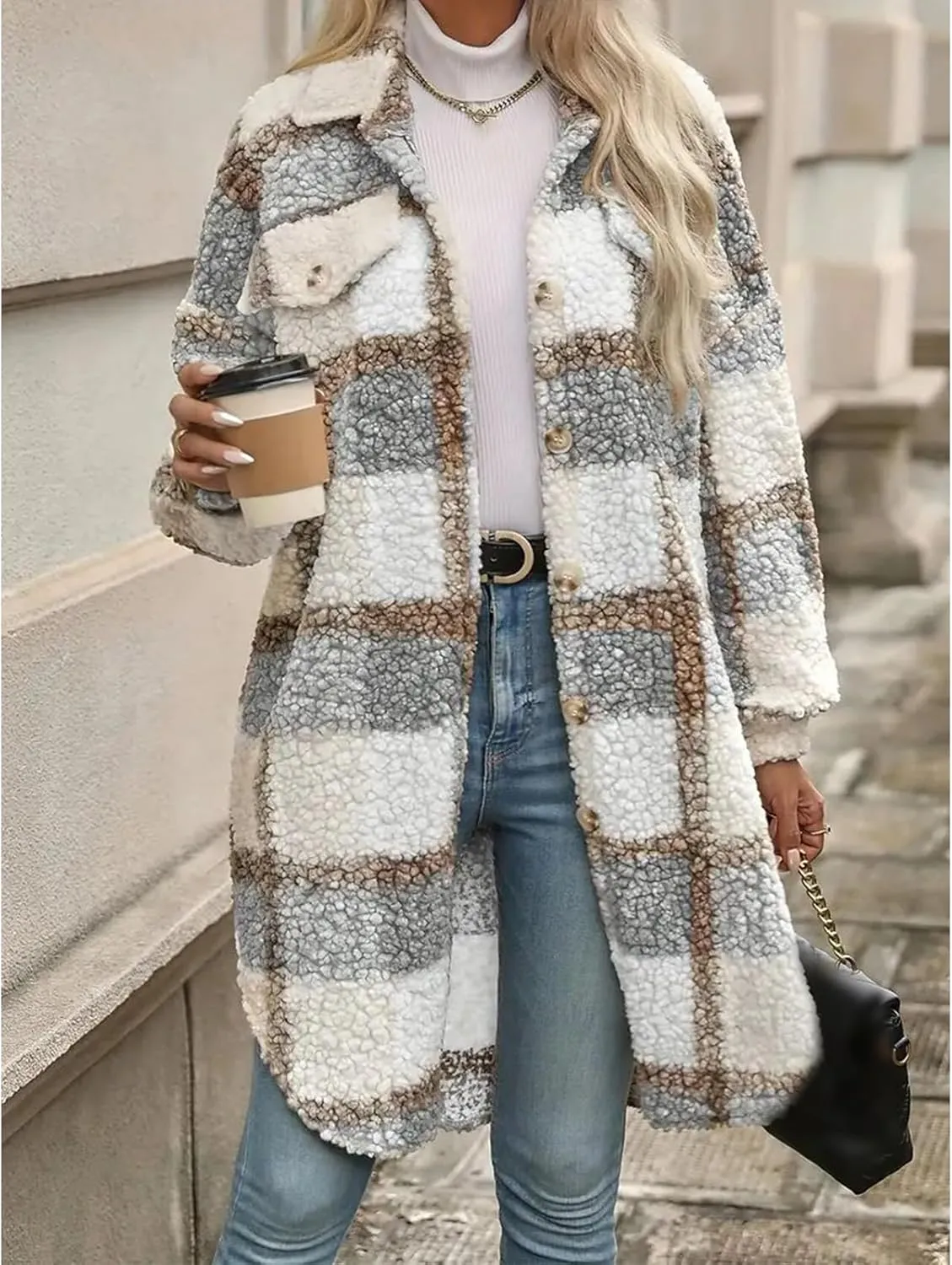 Trench Coat Women Long Flannel Plaid Jacket Shacket Cozy Lapel Button Down Shirt Jackets Fuzzy Peacoat with Pockets