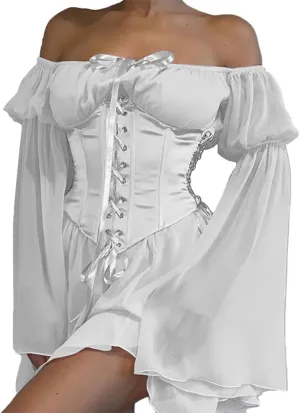 TSMNZMU Womens Two Piece Sets Corset Dress Off Shoulder Bell Sleeve Chiffon Dresses Lace-Up Mini Bustier Party Dress