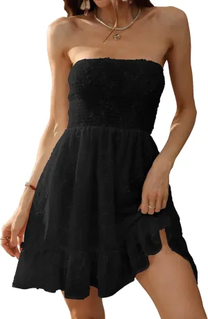 Tube Top Dress for Women Summer Solid Strapless Mini Dresses, Off The Shoudle Ruffle Beach Dress