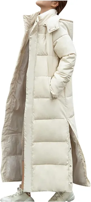 tuduoms Women's Thickened Long Down Jacket, Winter Warm Maxi Puffer Coat for Women, Full-Zip Waterproof Hooded Quilted Parka