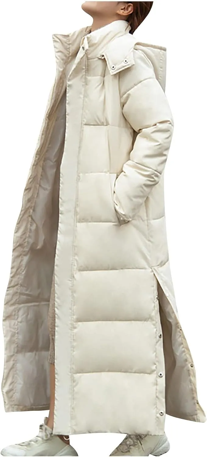 tuduoms Women's Thickened Long Down Jacket, Winter Warm Maxi Puffer Coat for Women, Full-Zip Waterproof Hooded Quilted Parka