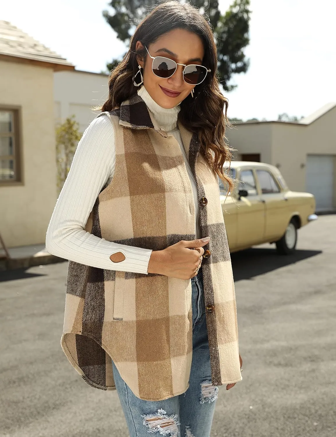 UANEO Womens Fall Flannel Plaid Vest Button Down Sleeveless Shirt Jacket With Pockets