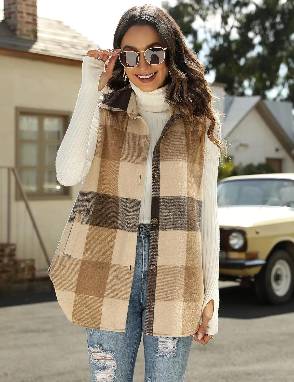 UANEO Womens Fall Flannel Plaid Vest Button Down Sleeveless Shirt Jacket With Pockets