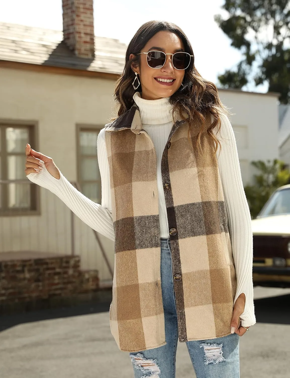UANEO Womens Fall Flannel Plaid Vest Button Down Sleeveless Shirt Jacket With Pockets
