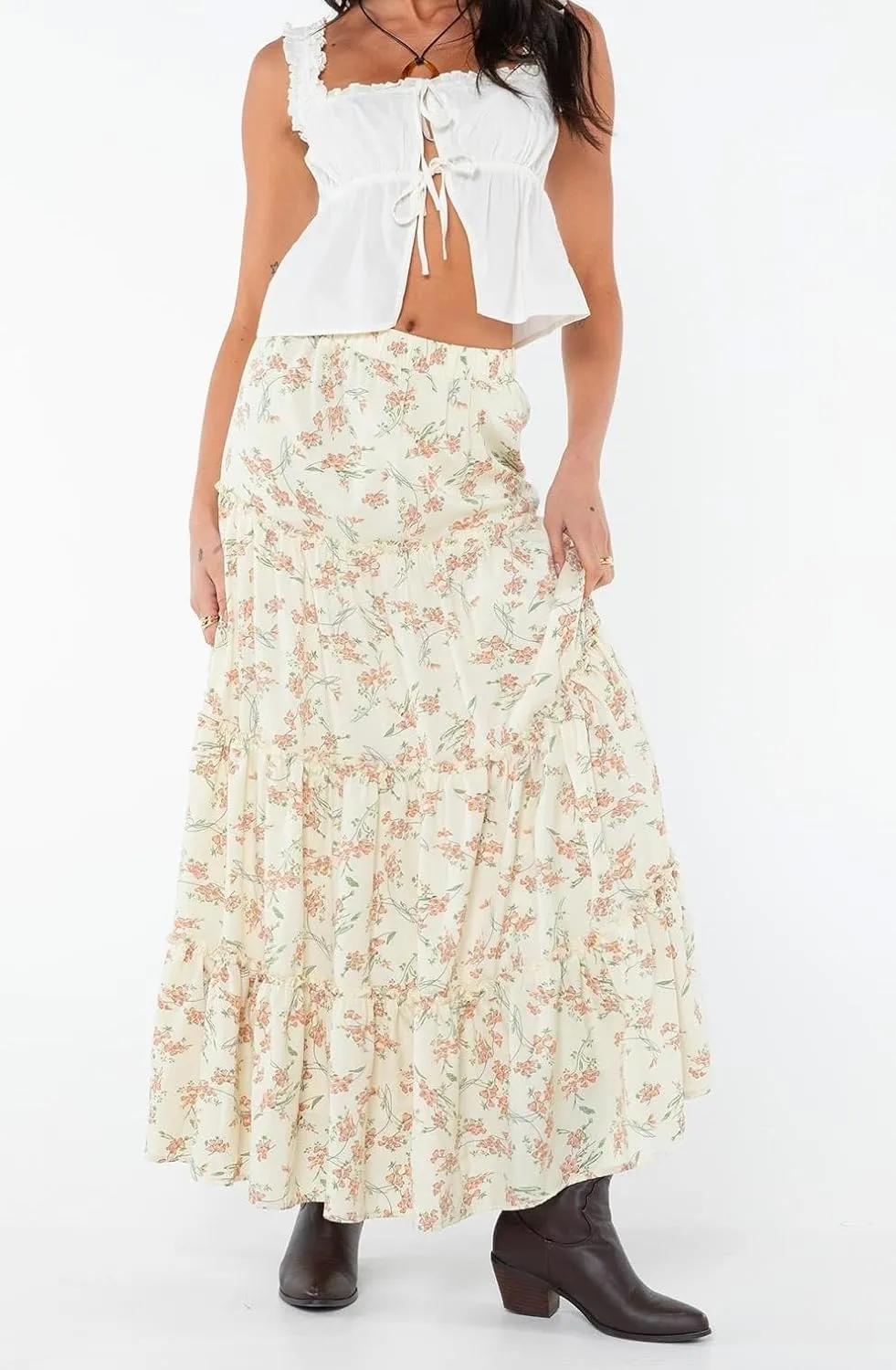 UAURORAO Women Boho Long Skirt Tiered Ruffle Flowy Maxi Skirt Elastic Waist Pleated A Line Midi Skirt Beach Vacation