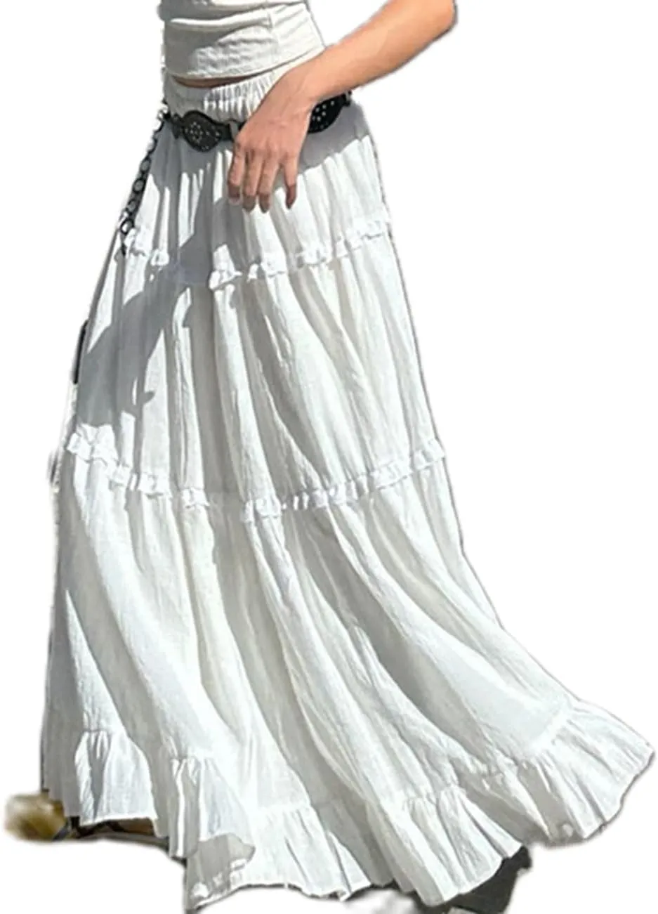 UAURORAO Women Boho Long Skirt Tiered Ruffle Flowy Maxi Skirt Elastic Waist Pleated A Line Midi Skirt Beach Vacation