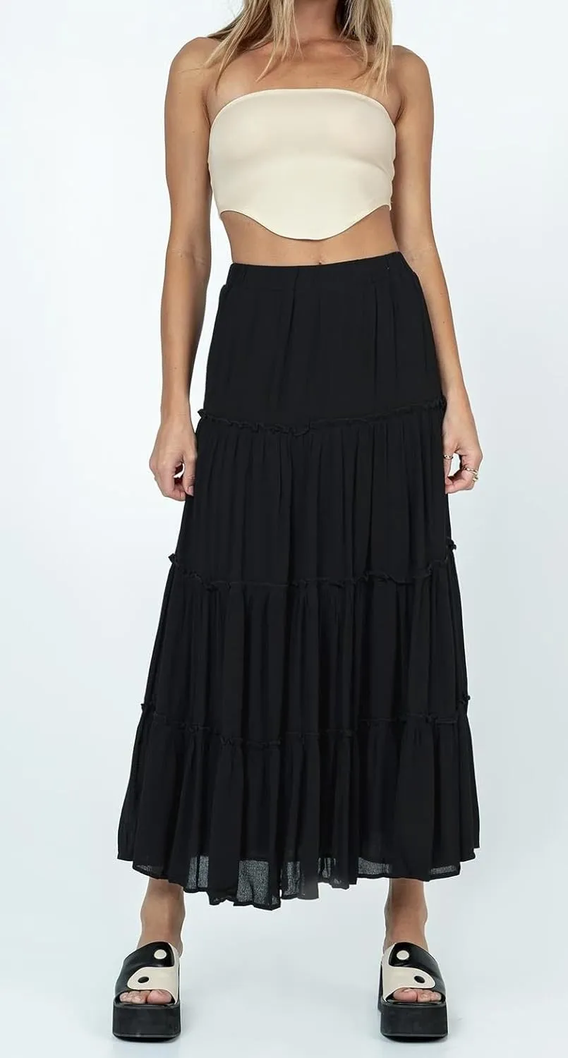 UAURORAO Women Boho Long Skirt Tiered Ruffle Flowy Maxi Skirt Elastic Waist Pleated A Line Midi Skirt Beach Vacation