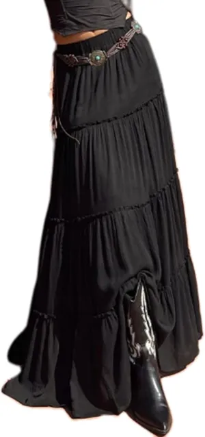 UAURORAO Women Boho Long Skirt Tiered Ruffle Flowy Maxi Skirt Elastic Waist Pleated A Line Midi Skirt Beach Vacation