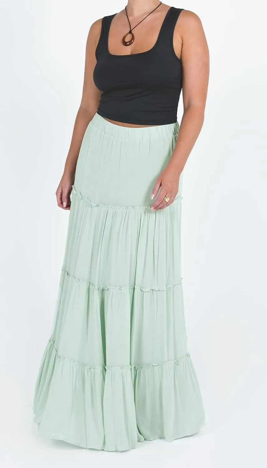 UAURORAO Women Boho Long Skirt Tiered Ruffle Flowy Maxi Skirt Elastic Waist Pleated A Line Midi Skirt Beach Vacation