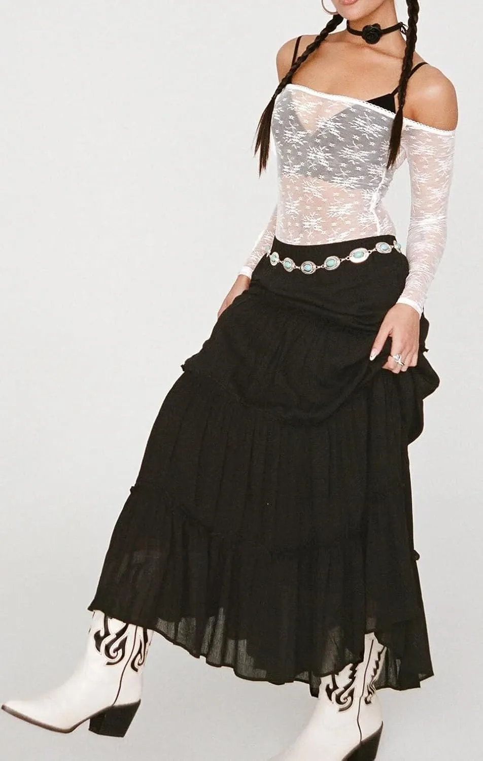 UAURORAO Women Boho Long Skirt Tiered Ruffle Flowy Maxi Skirt Elastic Waist Pleated A Line Midi Skirt Beach Vacation