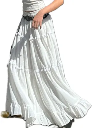UAURORAO Women Boho Long Skirt Tiered Ruffle Flowy Maxi Skirt Elastic Waist Pleated A Line Midi Skirt Beach Vacation