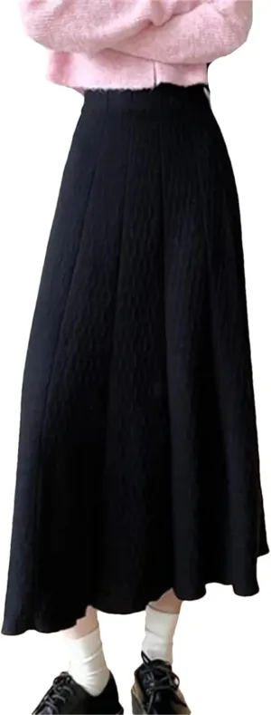 UIOKLMJH Knitted Long Skirt for Women Autumn Winter Pleated High Waist A-Line Elegant Casual Slim Midi Skirt