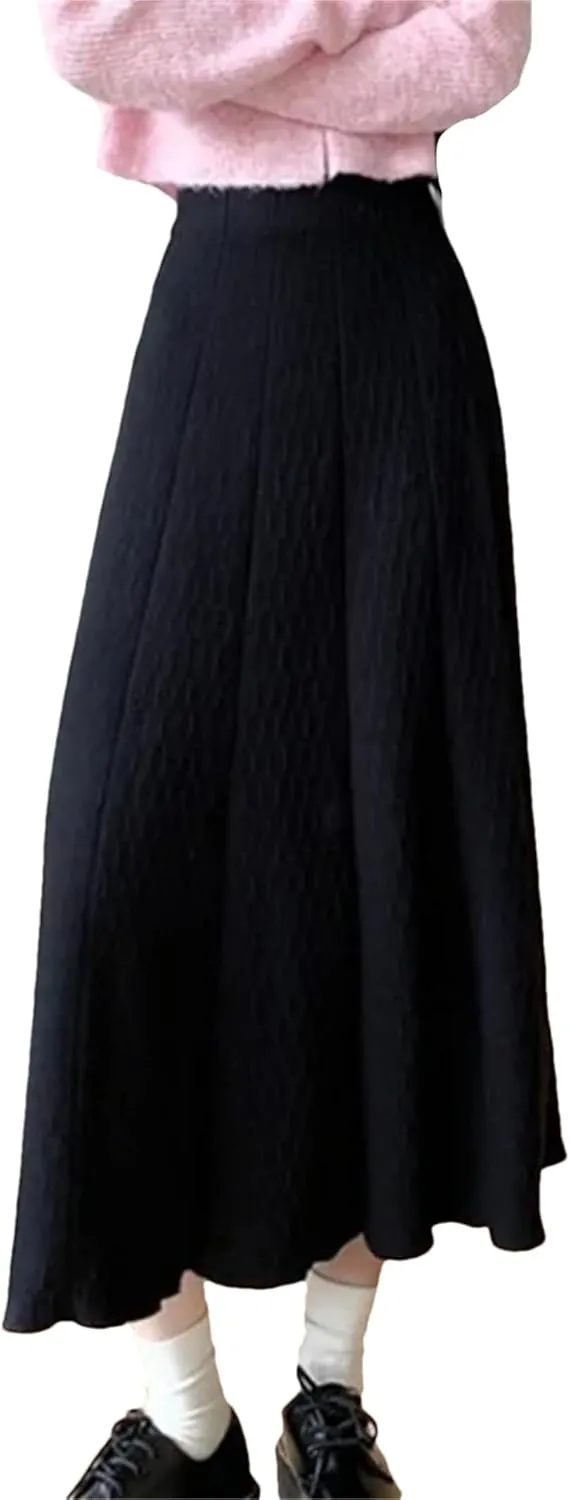 UIOKLMJH Knitted Long Skirt for Women Autumn Winter Pleated High Waist A-Line Elegant Casual Slim Midi Skirt