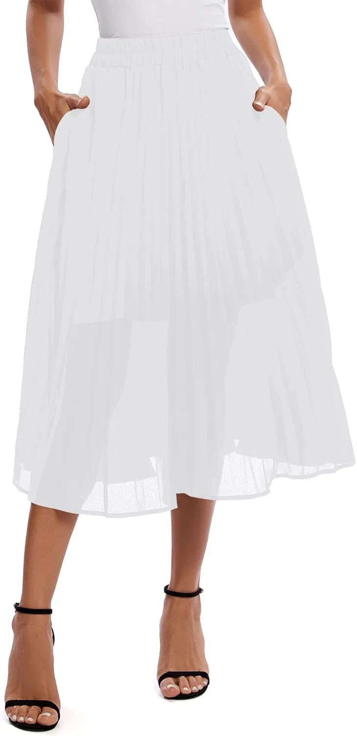 Urban CoCo Women's A Line Elastic Wasit Chiffon Midi Skirt Flare Pleated Skirts with Pockets