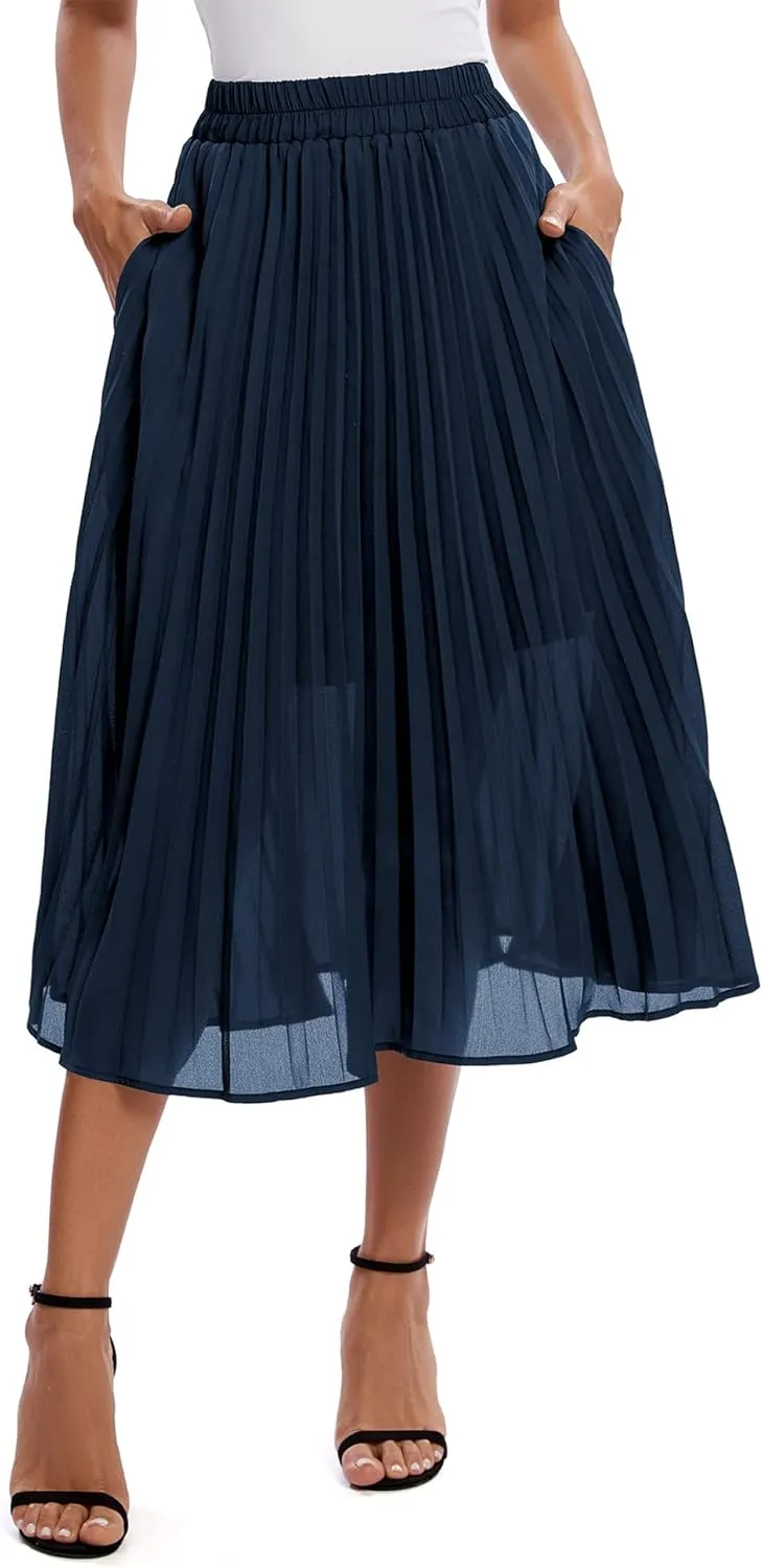 Urban CoCo Women's A Line Elastic Wasit Chiffon Midi Skirt Flare Pleated Skirts with Pockets