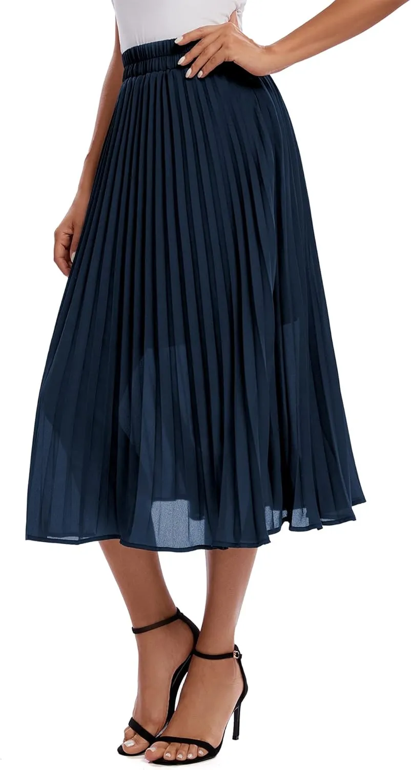Urban CoCo Women's A Line Elastic Wasit Chiffon Midi Skirt Flare Pleated Skirts with Pockets