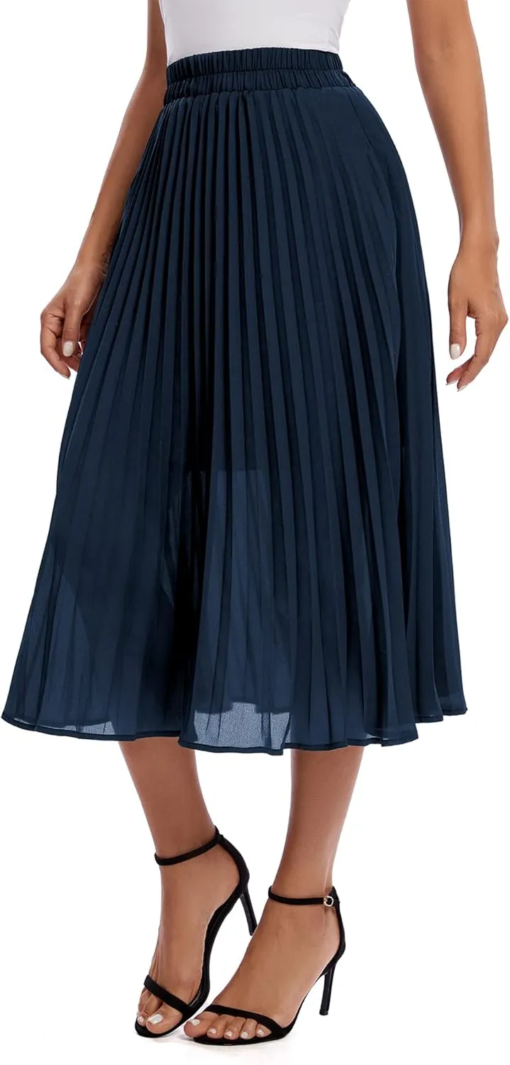 Urban CoCo Women's A Line Elastic Wasit Chiffon Midi Skirt Flare Pleated Skirts with Pockets