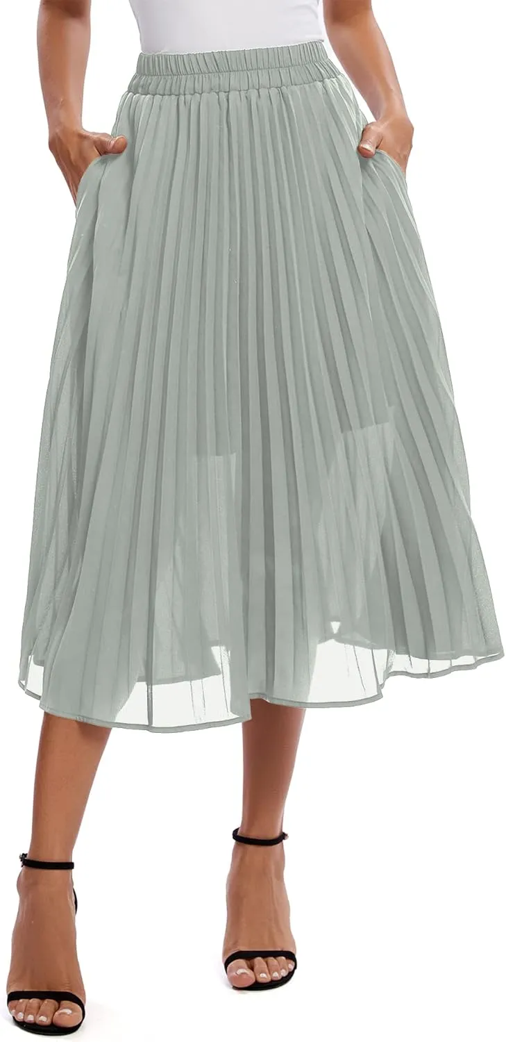 Urban CoCo Women's A Line Elastic Wasit Chiffon Midi Skirt Flare Pleated Skirts with Pockets