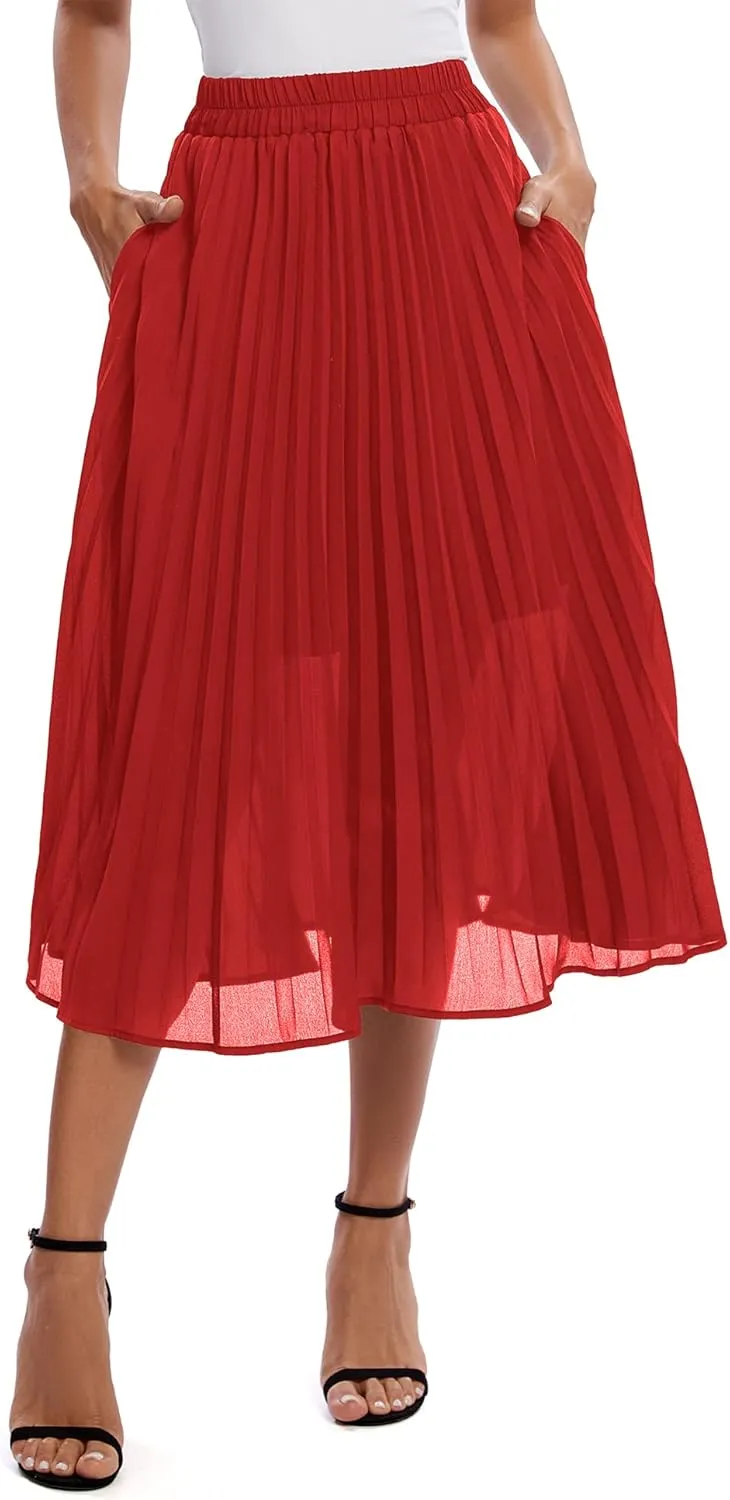 Urban CoCo Women's A Line Elastic Wasit Chiffon Midi Skirt Flare Pleated Skirts with Pockets