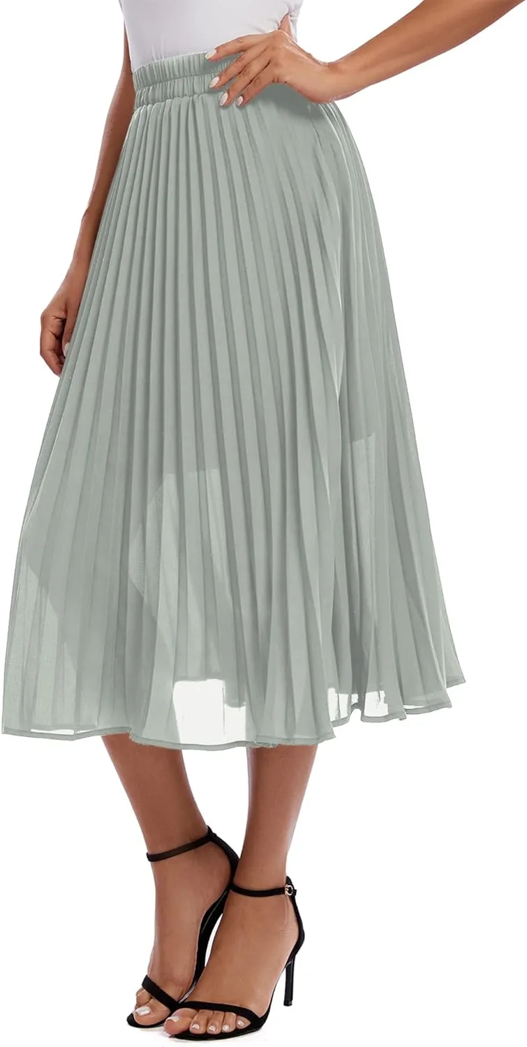 Urban CoCo Women's A Line Elastic Wasit Chiffon Midi Skirt Flare Pleated Skirts with Pockets