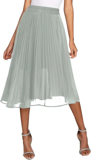 Urban CoCo Women's A Line Elastic Wasit Chiffon Midi Skirt Flare Pleated Skirts with Pockets