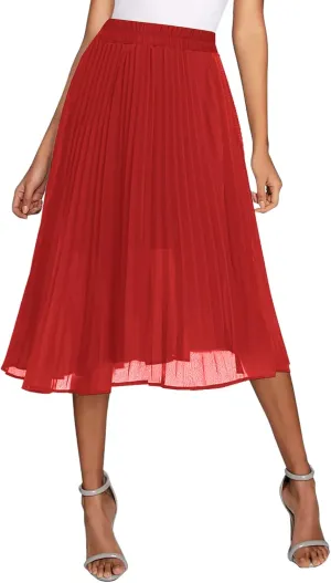 Urban CoCo Women's A Line Elastic Wasit Chiffon Midi Skirt Flare Pleated Skirts with Pockets
