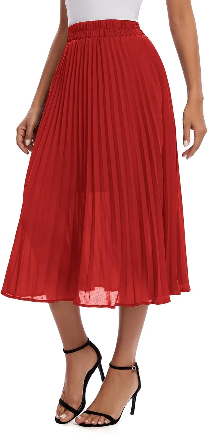 Urban CoCo Women's A Line Elastic Wasit Chiffon Midi Skirt Flare Pleated Skirts with Pockets