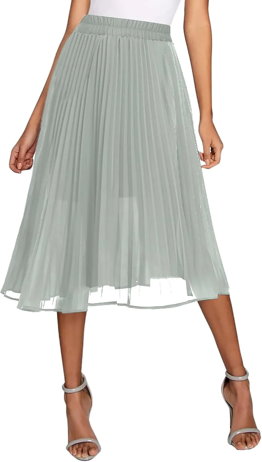 Urban CoCo Women's A Line Elastic Wasit Chiffon Midi Skirt Flare Pleated Skirts with Pockets